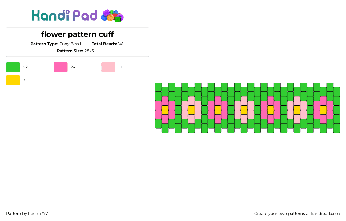 flower pattern cuff - Pony Bead Pattern by beemi777 on Kandi Pad - flowers,garden,spring,colorful,cuff,pink,green