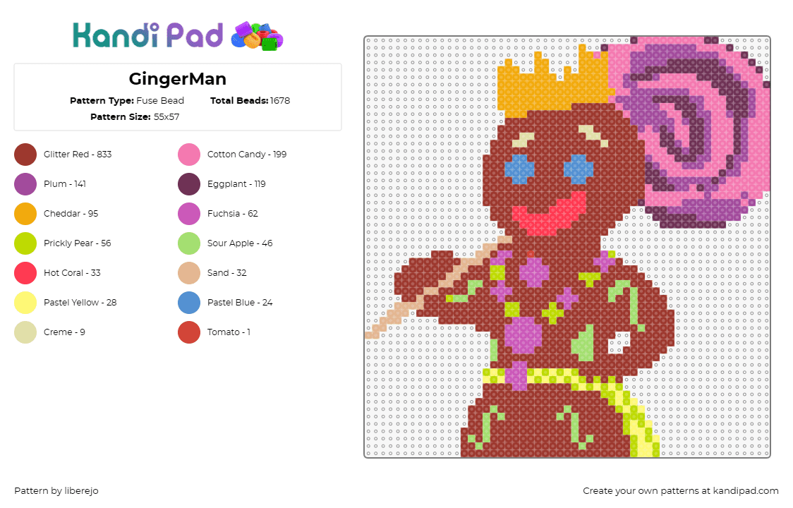 GingerMan - Fuse Bead Pattern by liberejo on Kandi Pad - gingerbread man,lollipop,crown,royal,character,brown,pink