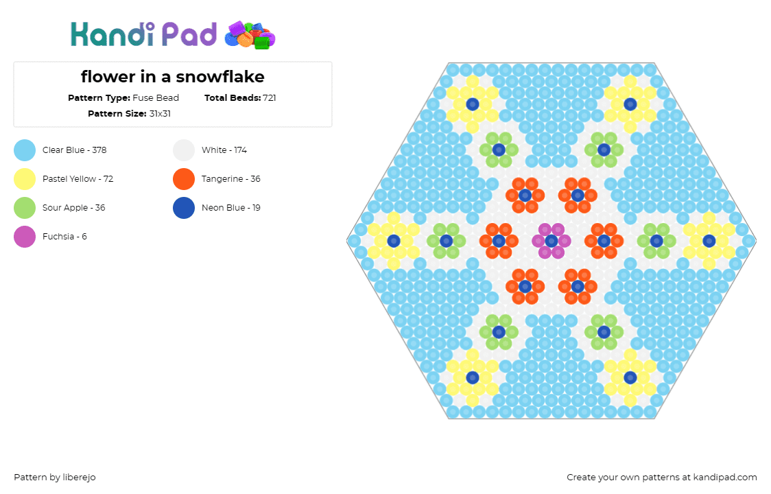 flower in a snowflake - Fuse Bead Pattern by liberejo on Kandi Pad - flowers,snowflake,hexagon,geometric,winter,spring,colorful,light blue,orange,yellow