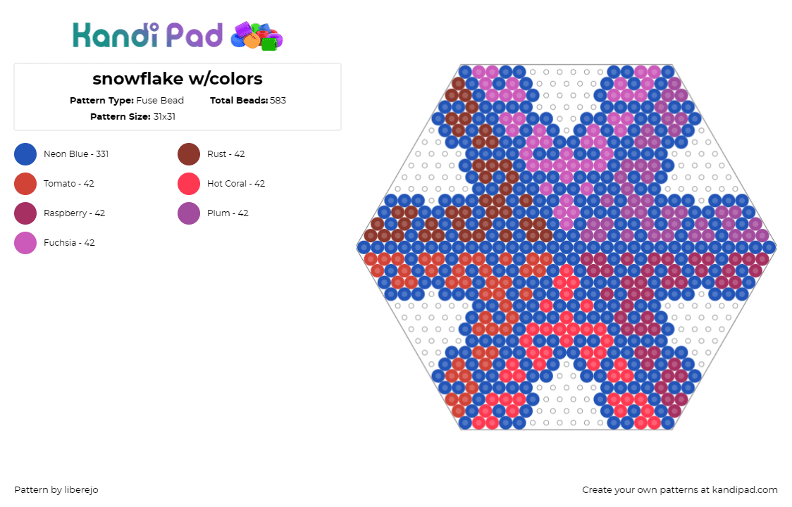 snowflake w/colors - Fuse Bead Pattern by liberejo on Kandi Pad - snowflake,geometric,hexagon,colorful,winter,red,white,purple