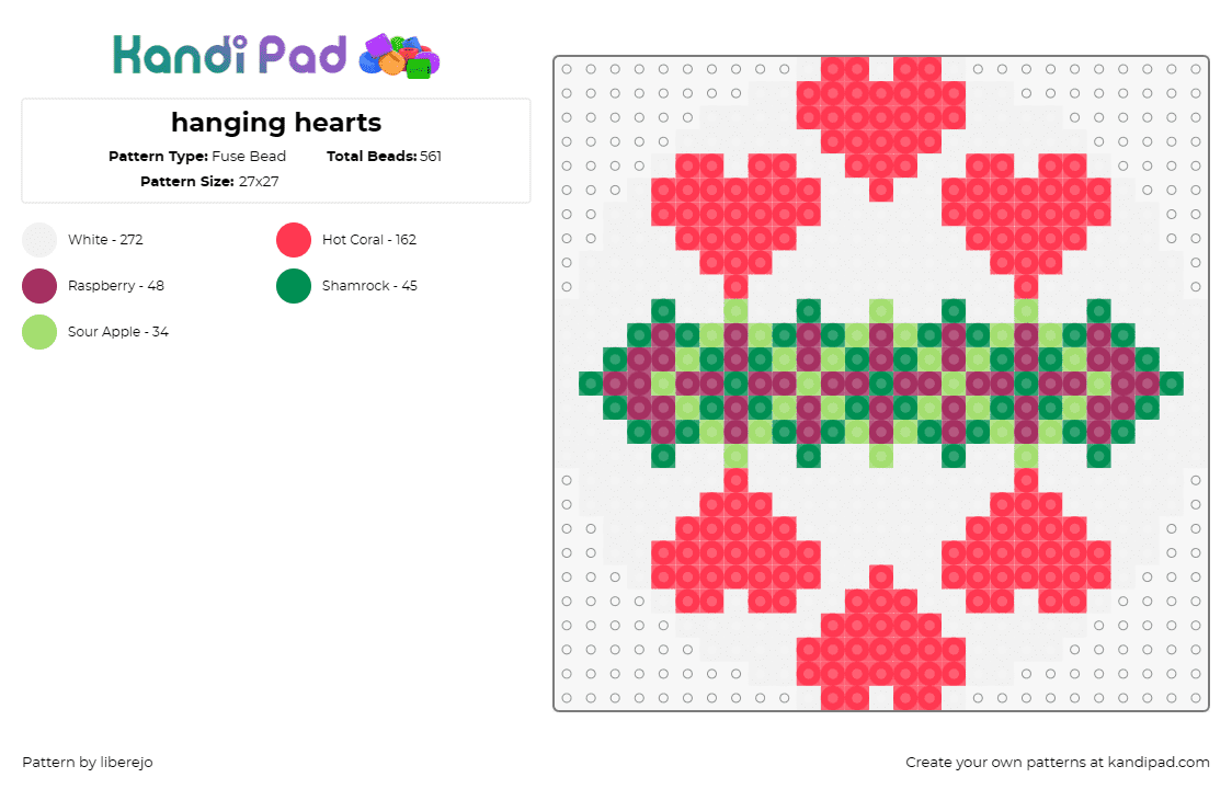 hanging hearts - Fuse Bead Pattern by liberejo on Kandi Pad - hearts,love,coaster,valentines,red,white,green