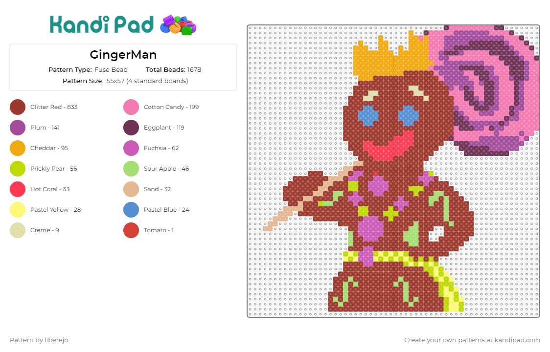 GingerMan - Fuse Bead Pattern by liberejo on Kandi Pad - gingerbread man,regal,royal,crown,lollipop