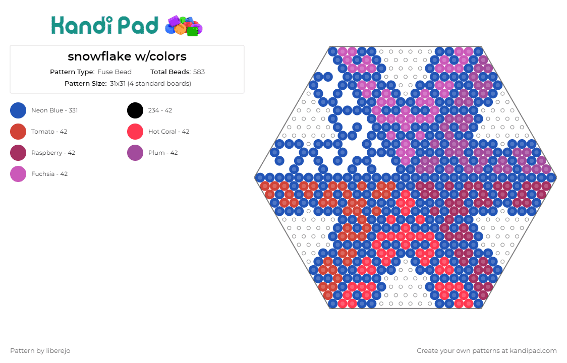 snowflake w/colors - Fuse Bead Pattern by liberejo on Kandi Pad - snowflake,geometric,hexagon
