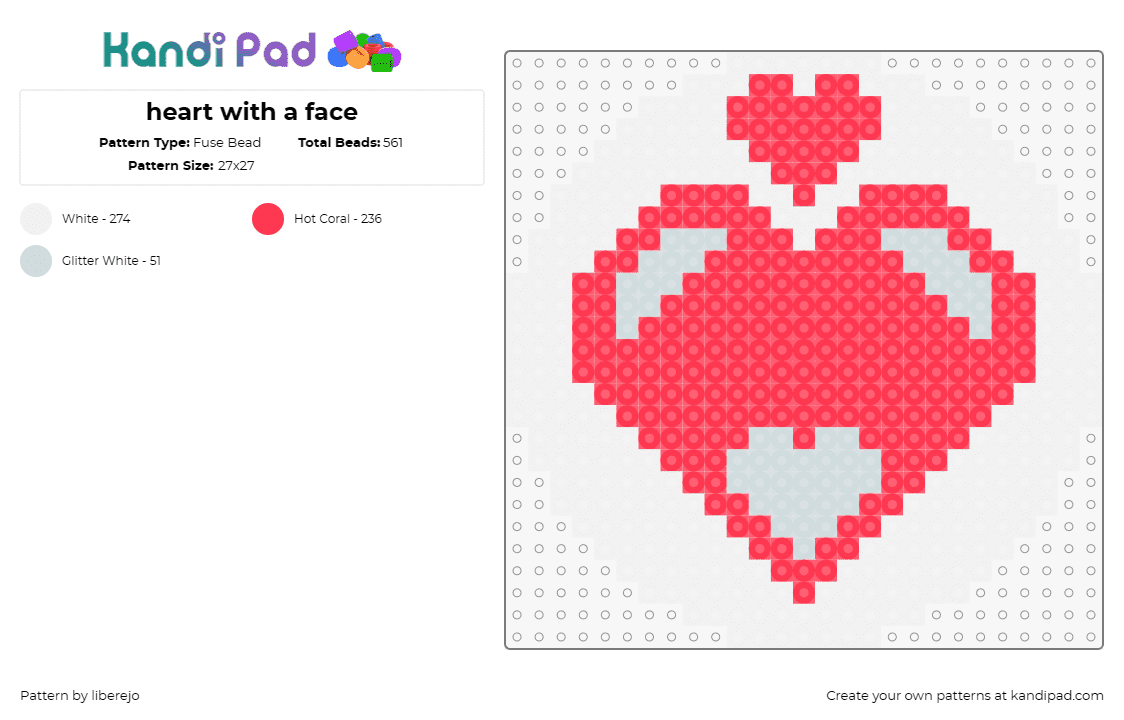 heart with a face - Fuse Bead Pattern by liberejo on Kandi Pad - hearts,love,coaster,geometric,simple,pink,red,white