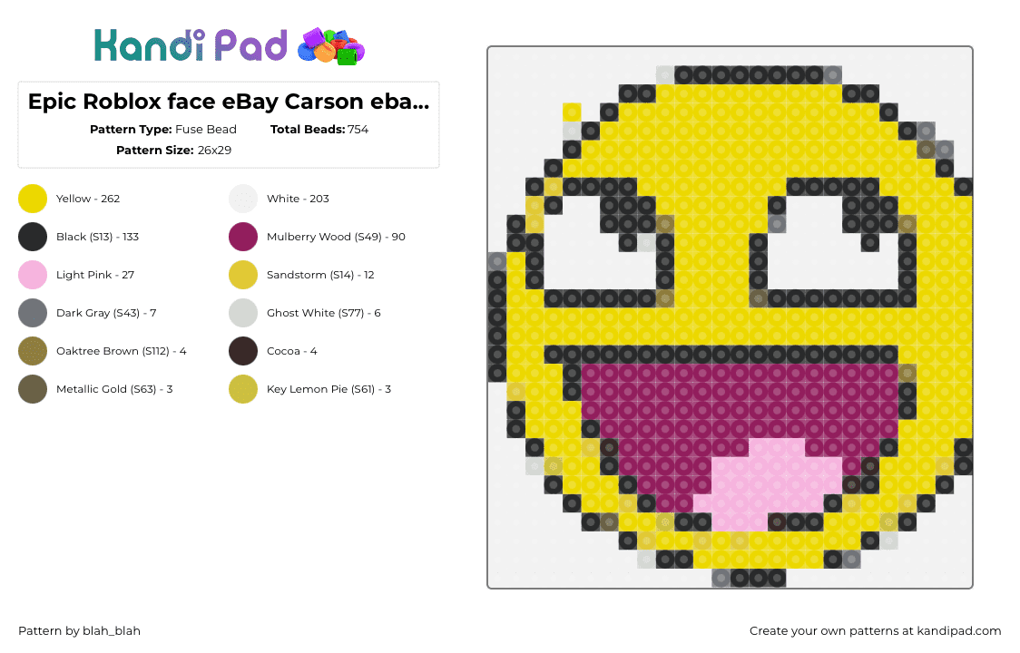 Epic Roblox face eBay Carson ebaycarson perler - Fuse Bead Pattern by blah_blah on Kandi Pad - smiley,epic,face,emoji,happy,mouth,yellow,red,pink