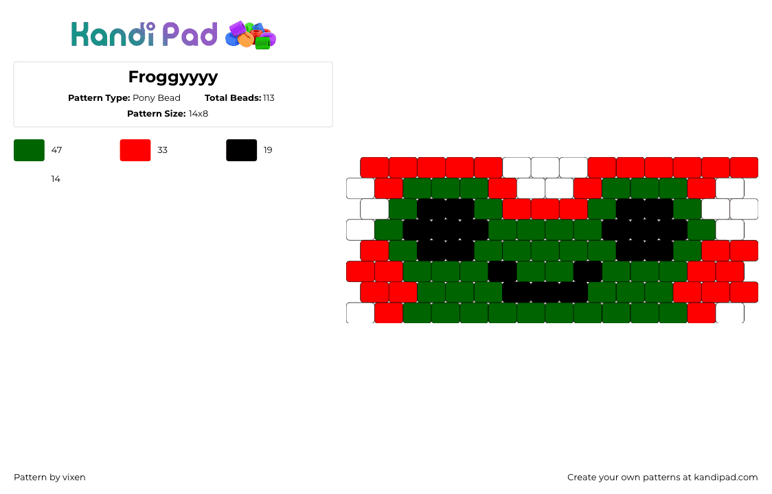 Froggyyyy - Pony Bead Pattern by vixen on Kandi Pad - frog,amphibian,cute,smile,animal,green,red