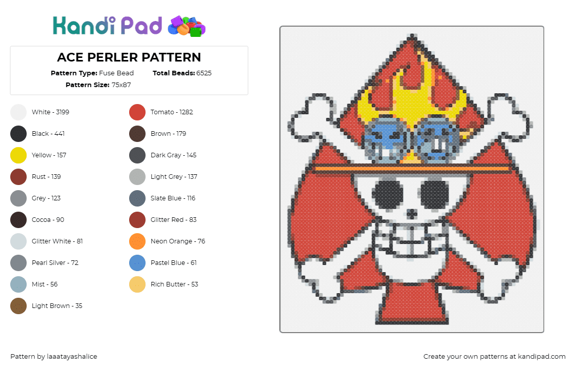 ACE PERLER PATTERN - Fuse Bead Pattern by laaatayashalice on Kandi Pad - ace,one piece,skull,crossbones,jolly roger,anime,fiery,white,red