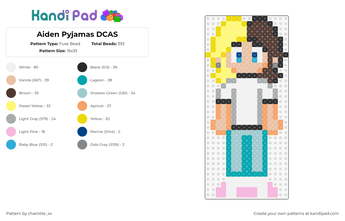 Aiden Pyjamas DCAS - Fuse Bead Pattern by charlxtte_xx on Kandi Pad - aiden,disventure camp,character,animation,tv show,white,teal