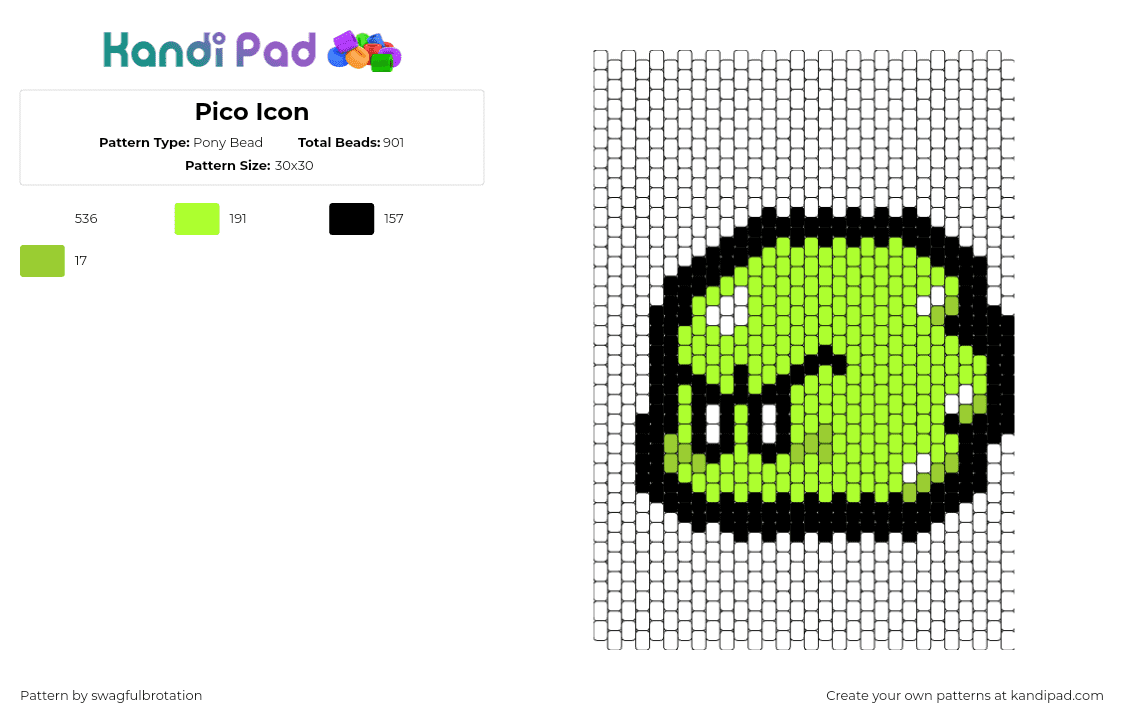 Pico Icon - Pony Bead Pattern by swagfulbrotation on Kandi Pad - pico,newgrounds,blob,character,neon,green