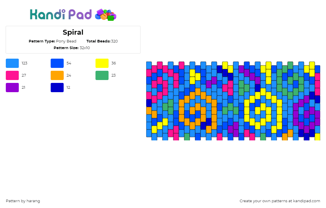 Spiral - Pony Bead Pattern by harang on Kandi Pad - swirls,spirals,party,cuff,colorful,blue,orange,yellow