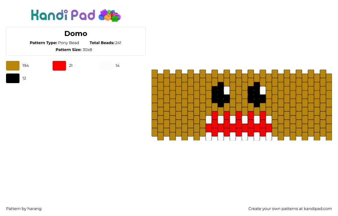 Domo - Pony Bead Pattern by harang on Kandi Pad - domo,face,mouth,character,cuff,cute,brown,red