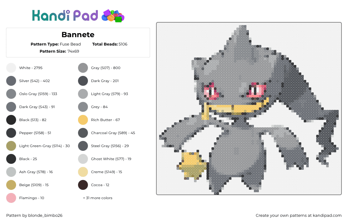 Bannete - Fuse Bead Pattern by blonde_bimbo26 on Kandi Pad - banette,pokemon,character,gaming,gray