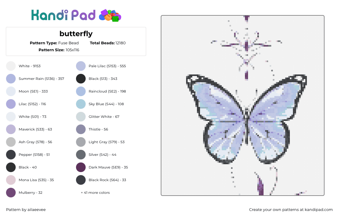 butterfly - Fuse Bead Pattern by ailaeevee on Kandi Pad - butterfly,insect,winged,white,gray