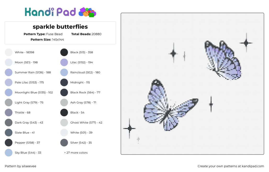 sparkle butterflies - Fuse Bead Pattern by ailaeevee on Kandi Pad - butterflies,insects,winged,sparkles,white,black