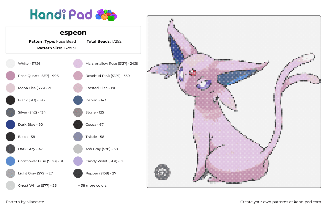 espeon - Fuse Bead Pattern by ailaeevee on Kandi Pad - espeon,pokemon,evolution,eevee,character,gaming,pink