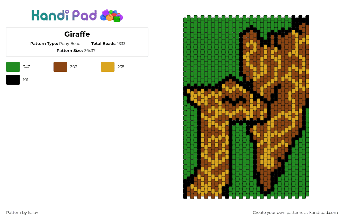 Giraffe - Pony Bead Pattern by kalav on Kandi Pad - giraffe,animal,baby,affection,cute,panel,safari,green,brown,yellow