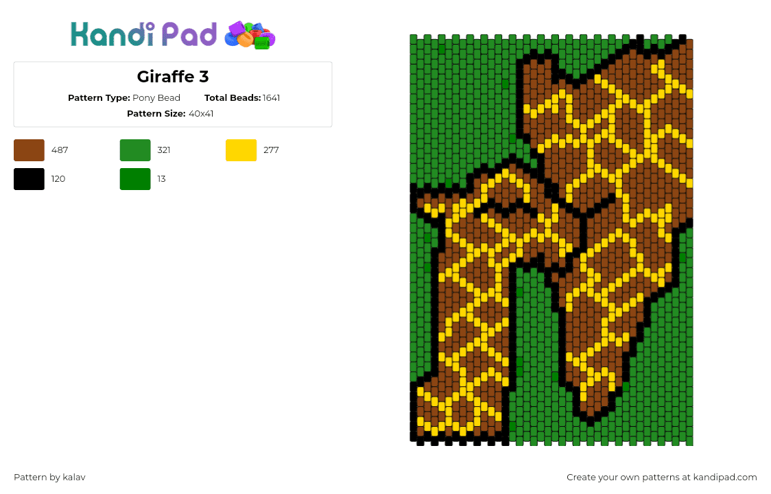 Giraffe 3 - Pony Bead Pattern by kalav on Kandi Pad - giraffe,animal,baby,affection,cute,panel,safari,green,brown,yellow