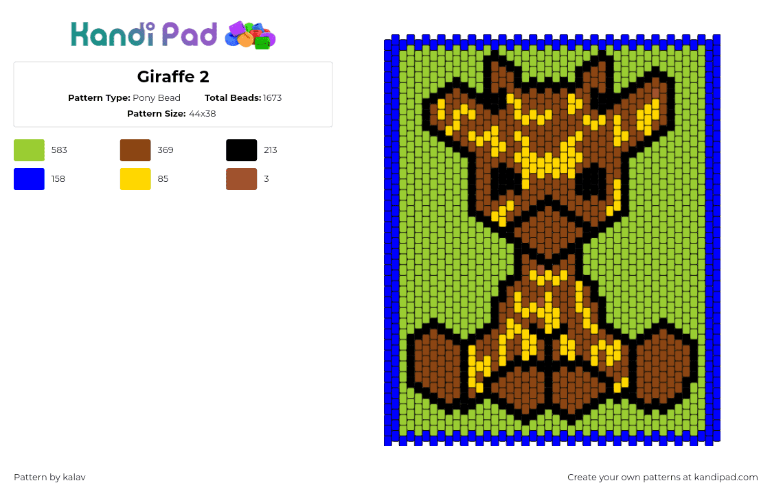 Giraffe 2 - Pony Bead Pattern by kalav on Kandi Pad - giraffe,animal,baby,affection,cute,panel,safari,green,brown,yellow