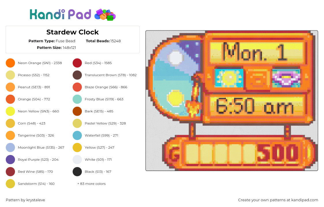 Stardew Clock - Fuse Bead Pattern by krystaleve on Kandi Pad - clock,stardew valley,video game,orange,yellow,teal