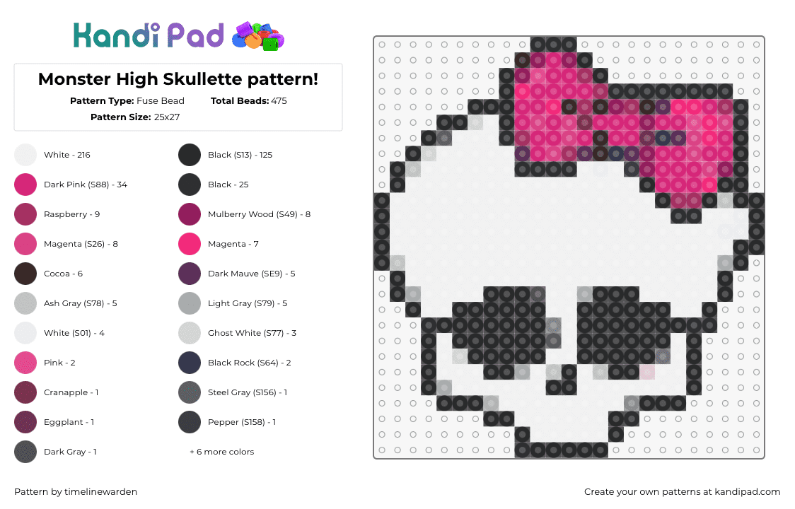 Monster High Skullette pattern! - Fuse Bead Pattern by timelinewarden on Kandi Pad - skullette,monster high,bow,skull,mattel,spooky,white,pink,black