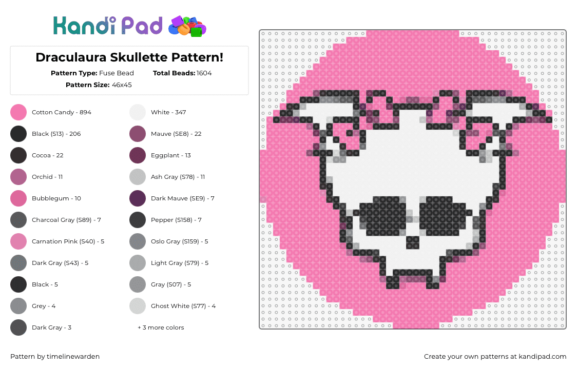 Draculaura Skullette Pattern! - Fuse Bead Pattern by timelinewarden on Kandi Pad - skullette,draculaura,monster high,bows,skull,mattel,spooky,white,pink