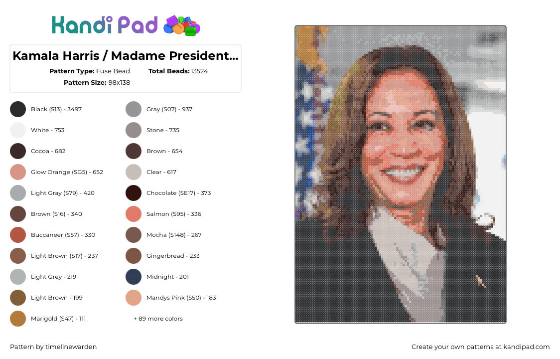 Kamala Harris / Madame President Perler pattern! - Fuse Bead Pattern by timelinewarden on Kandi Pad - kamala harris,politics,president,united states,portrait