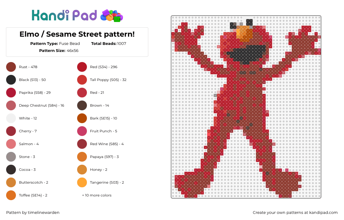 Elmo / Sesame Street pattern! - Fuse Bead Pattern by timelinewarden on Kandi Pad - elmo,sesame street,puppet,character,tv show,children,classic,red