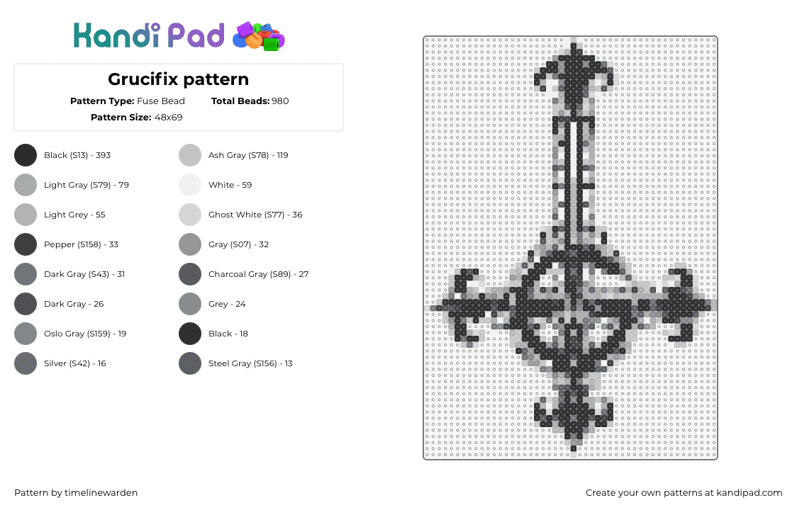 Grucifix pattern - Fuse Bead Pattern by timelinewarden on Kandi Pad - grucifix,ghost,cross,band,music,black,gray