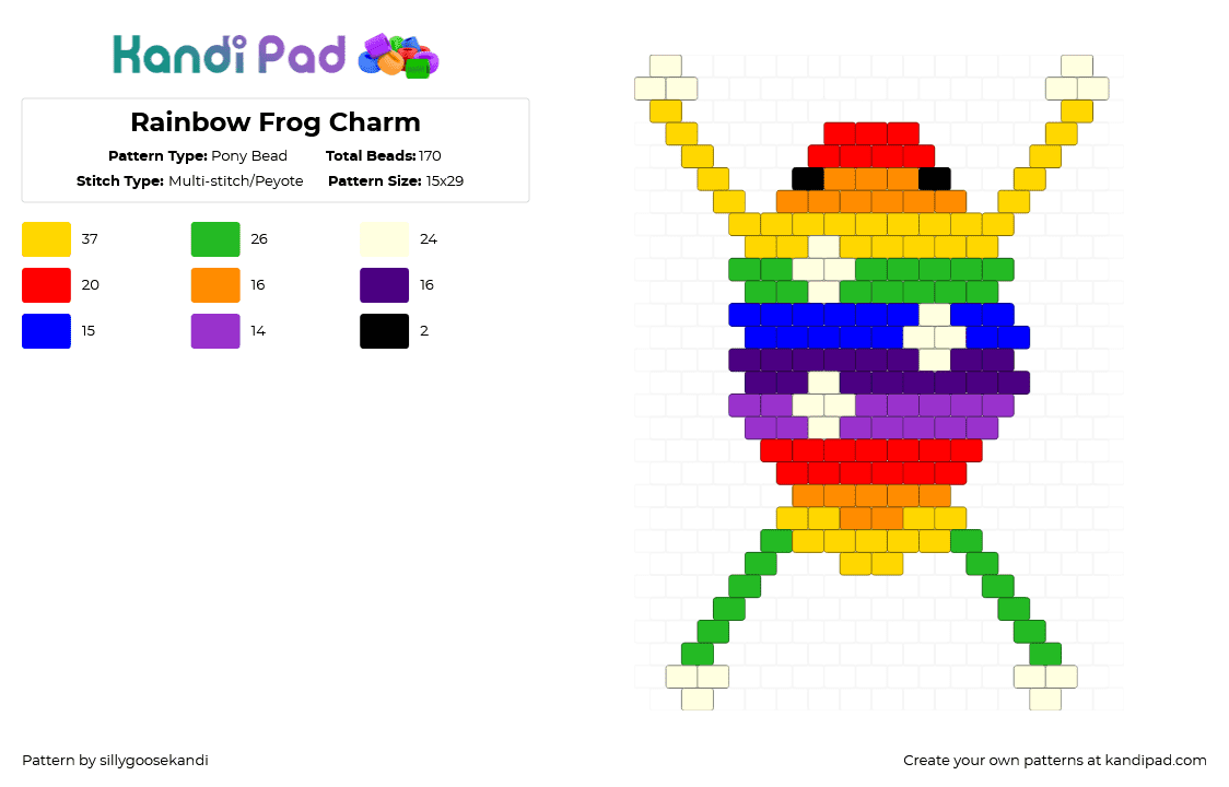 Rainbow Frog Charm - Pony Bead Pattern by sillygoosekandi on Kandi Pad - yellow,purple,cute,rainbow,frog,charm