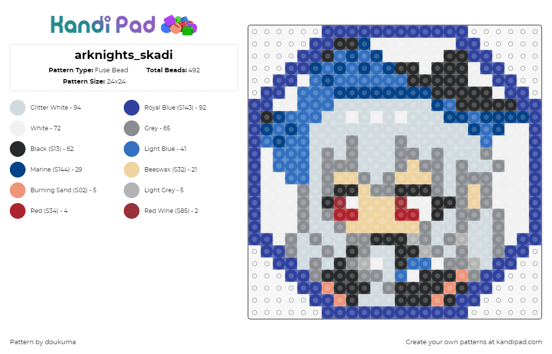 arknights_skadi - Fuse Bead Pattern by doukuma on Kandi Pad - skadi,arknights,coaster,video game,character,blue,gray