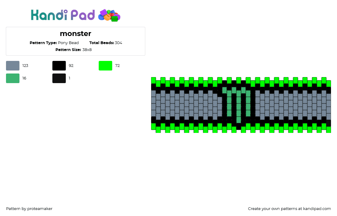 monster - Pony Bead Pattern by proteamaker on Kandi Pad - monster,energy,drink,logo,food,cuff,green,gray