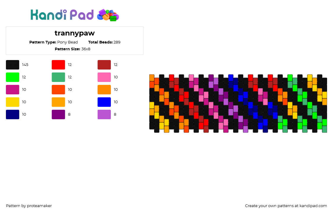 trannypaw - Pony Bead Pattern by proteamaker on Kandi Pad - diagonal,stripes,checkered,cuff,colorful,black,purple,green