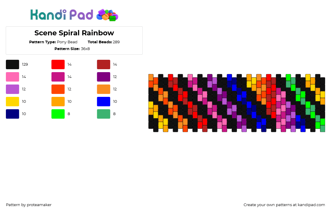 Scene Spiral Rainbow - Pony Bead Pattern by proteamaker on Kandi Pad - diagonal,stripes,checkered,cuff,colorful,black,purple