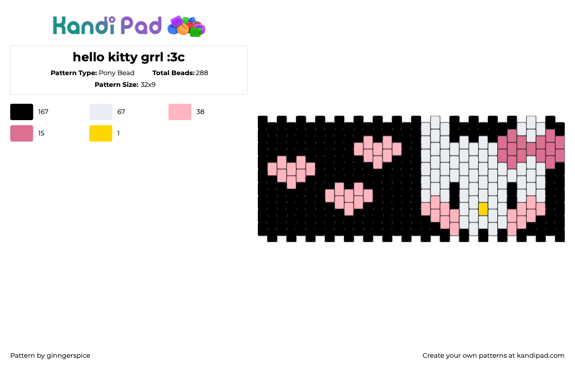 hello kitty grrl :3c - Pony Bead Pattern by ginngerspice on Kandi Pad - hello kitty,sanrio,hearts,kawaii,cute,cuff,pink,black,white