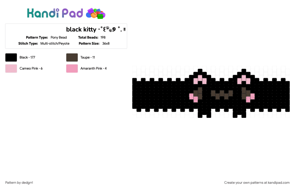 black kitty ‧˚꒰🐾୭ ˚. ᵎᵎ - Pony Bead Pattern by dedgrrl on Kandi Pad - black, black cat, brown, cat, cuff, cutecore, goth, kawaii, kitty, pink