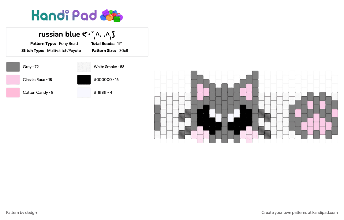 russian blue 𑣲⋆˚₍^. .^₎⟆ - Pony Bead Pattern by dedgrrl on Kandi Pad - cat, cuff, cutecore, gray, grey, kawaii, kitty, pink, russian blue