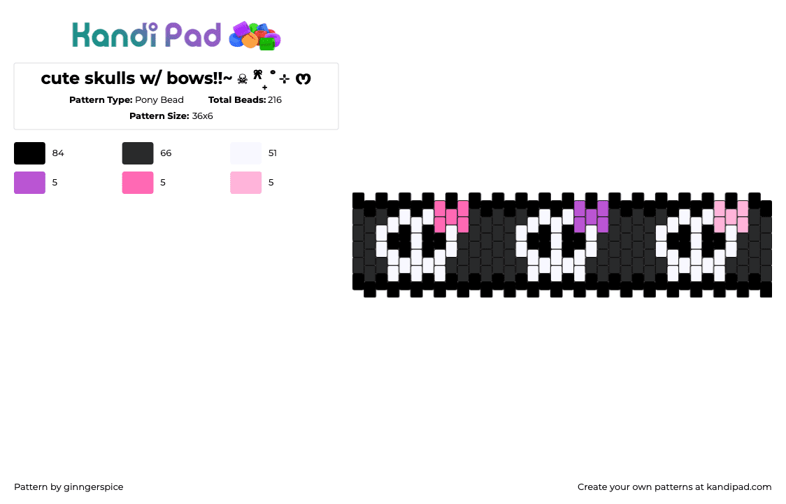 cute skulls w/ bows!!~ ☠︎︎ ^ྀི₊˚⊹ ᰔ - Pony Bead Pattern by ginngerspice on Kandi Pad - skulls,bows,cute,spooky,cuff,dark,white,black,pink