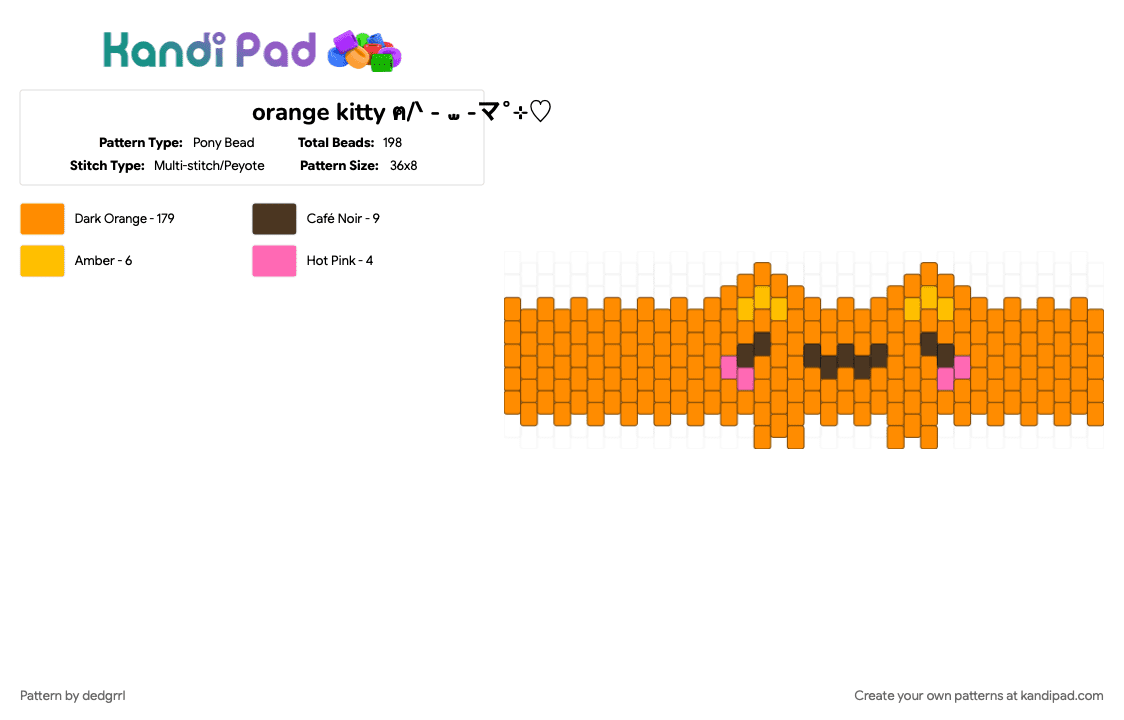orange kitty ฅ/ᐠ - ⩊ -マ˚⊹♡ - Pony Bead Pattern by dedgrrl on Kandi Pad - cat, cuff, cutecore, kawaii, kitten, kitty, orange