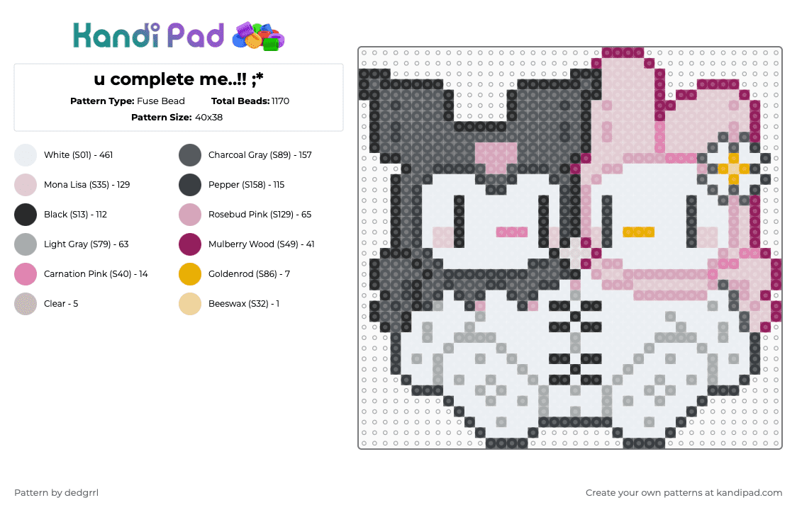 u complete me..!! ;* - Fuse Bead Pattern by dedgrrl on Kandi Pad - animal,cartoon,anime,character,white,pink,gray,my melody,kuromi,sanrio,kawaii,cutecore,sewed,sew,plush