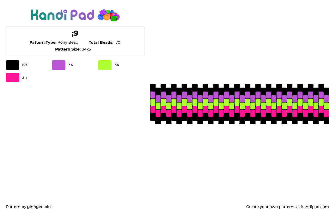 ;9 - Pony Bead Pattern by ginngerspice on Kandi Pad - neon,scene,horizontal,stripes,colorful,cuff,pink,green