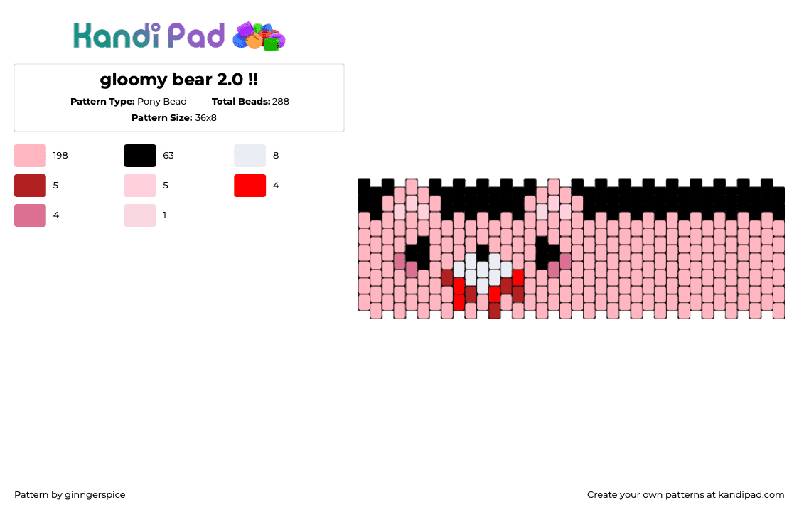 gloomy bear 2.0 !! - Pony Bead Pattern by ginngerspice on Kandi Pad - gloomy bear,bloody,horror,cuff,dark,pink,black