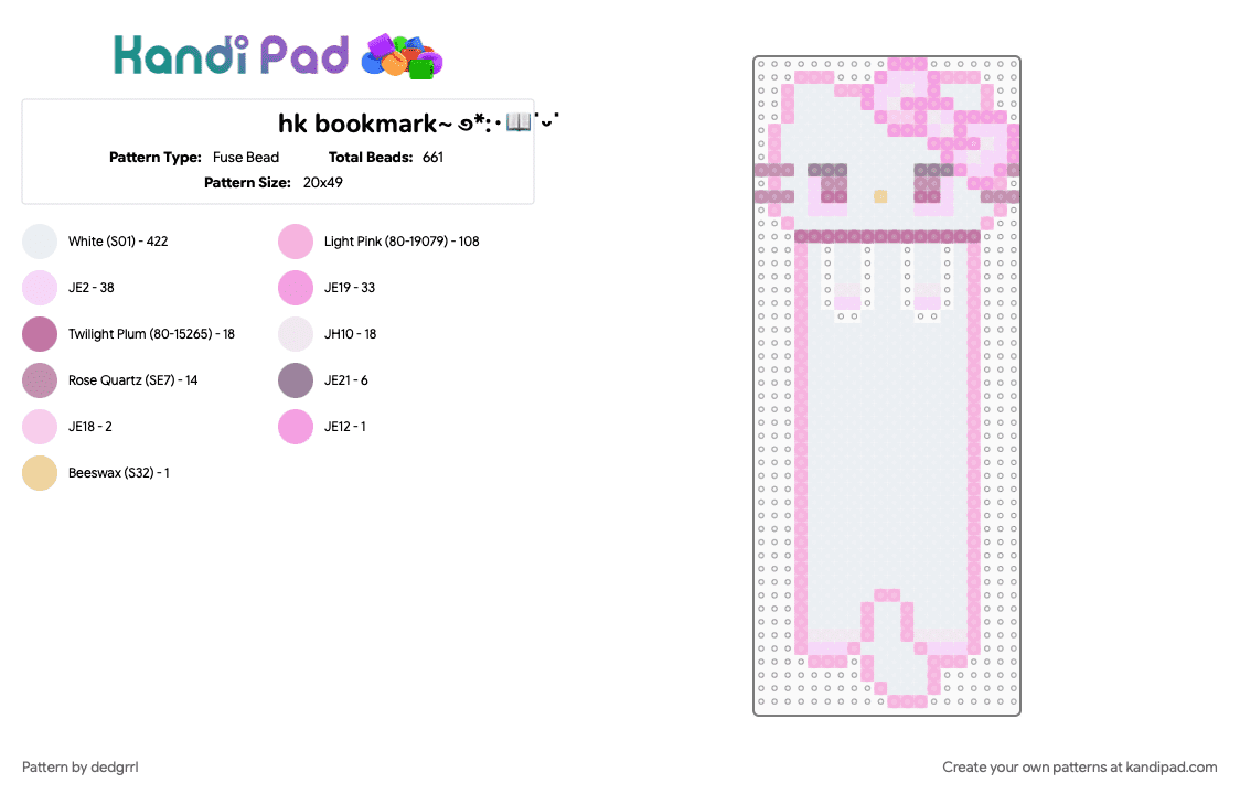 hk bookmark~ ࿔*:･📖˙ᵕ˙ - Fuse Bead Pattern by dedgrrl on Kandi Pad - bookmark, cute, cutecore, hello kitty, kawaii, kitty, pink, sanrio, white