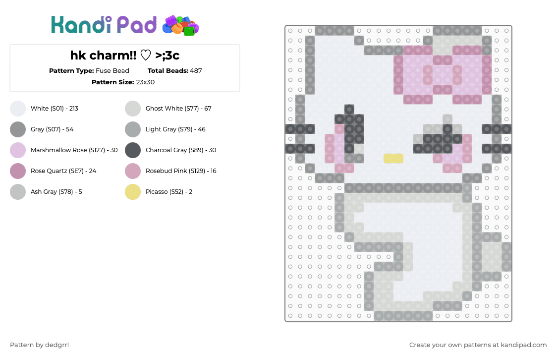 hk charm!! ♡ >;3c - Fuse Bead Pattern by dedgrrl on Kandi Pad - white,gray,pink,hello kitty,sanrio,hk,charm,kawaii,cutecore,cute,kitty