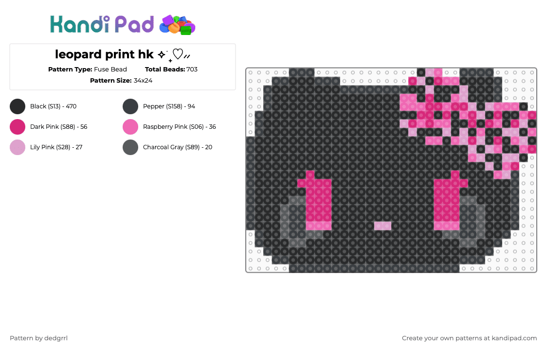 leopard print hk ⟡ ݁₊♡⸝⸝ - Fuse Bead Pattern by dedgrrl on Kandi Pad - black,pink,hk,hellokitty,hello kitty,sanrio,kawaii,cutecore,goth,leopard