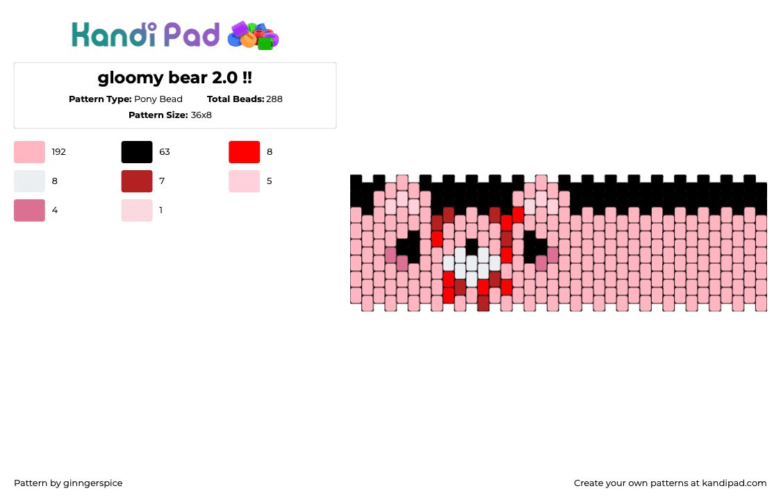 gloomy bear 2.0 !! - Pony Bead Pattern by ginngerspice on Kandi Pad - gloomy bear,bloody,horror,cuff,dark,pink,black