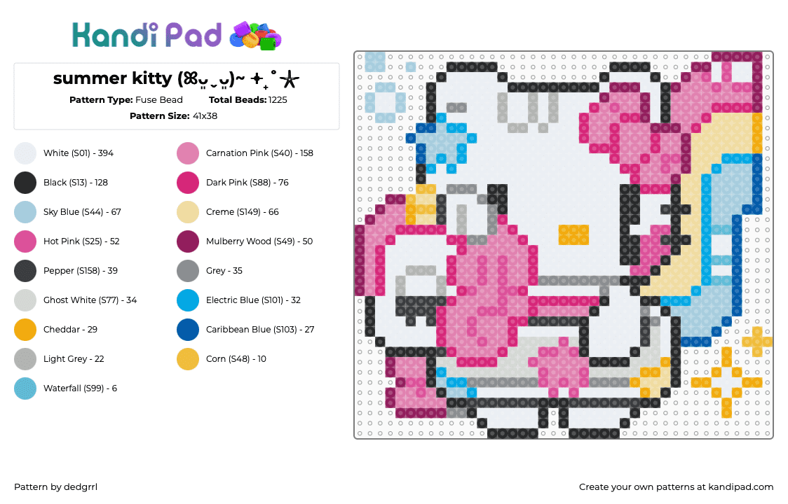 summer kitty (ꕤᴗ͈ˬᴗ͈)~ 𖥔₊˚𓇼 - Fuse Bead Pattern by dedgrrl on Kandi Pad - white,pink,beige,light blue,hello kitty,kitty,hk,sanrio,kawaii,cute,summer,beach