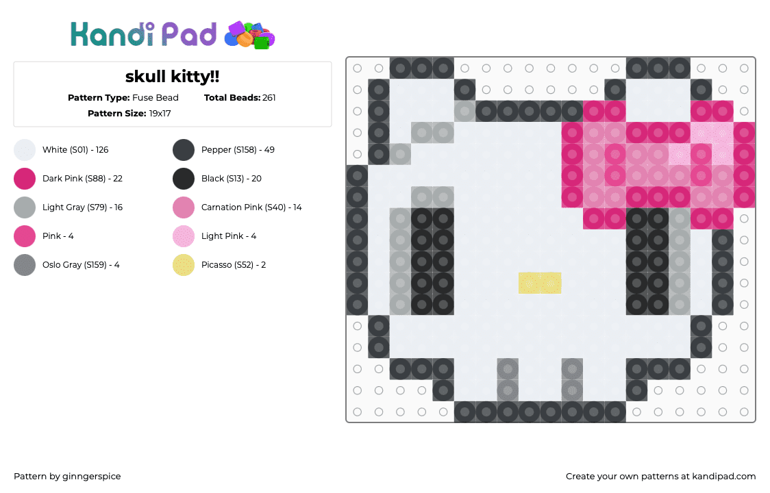 skull kitty!! - Fuse Bead Pattern by dedgrrl on Kandi Pad - white,pink