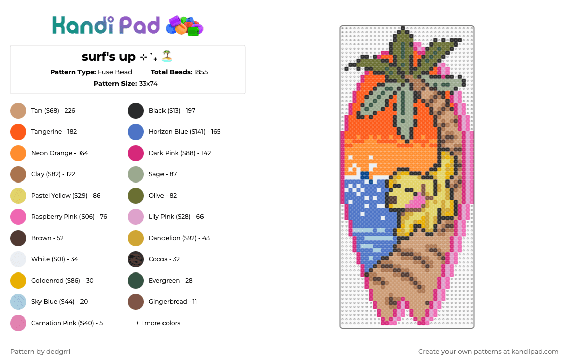 surf\'s up ⊹ ࣪ ˖ 🏝️ - Fuse Bead Pattern by dedgrrl on Kandi Pad - surfboard,surfing,tropical,animal,orange,pink,blue,beige,summer,palm tree,beach,ocean,dog,puppy,kawaii