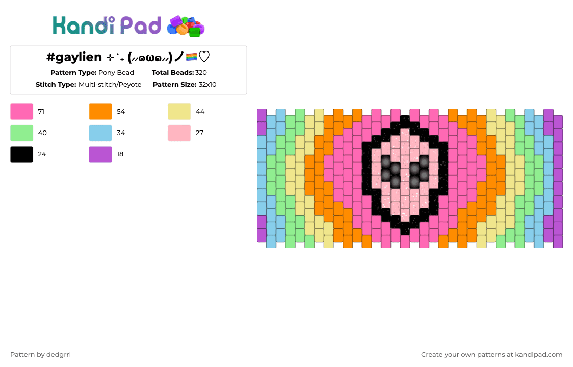 #gaylien ⊹ ࣪ ˖ (⸝⸝๑ω๑⸝⸝)ノ🏳️‍🌈♡ - Pony Bead Pattern by dedgrrl on Kandi Pad - pink,orange,alien,rainbow,pride,lgbt,lgbtq,lgbtqia,scene,kawaii