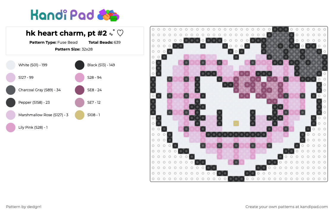 hk heart charm, pt #2 ‎⏦ﾟ♡︎ - Fuse Bead Pattern by dedgrrl on Kandi Pad - pink,hello kitty,sanrio,kawaii,cutecore,charm,goth,black